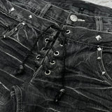 GO-STONE Fashionable high street double waisted lace up micro flared women jeans Y2K retro Harajuku washed design for men and women jeans