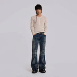 GO-STONE Y2K Vintage Flared Jeans Mid Blue Washed Men Women Bootcut Jeans American Hip Hop Distressed Streetwear Unisex Wide Leg Pants
