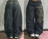 GO-STONE Y2K Fashion Letters Embroidered Big Pockets Washed Baggy Jeans Women High Street Vintage Hip Hop Popular Wild Wide-leg Pants
