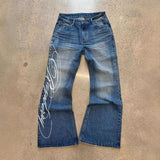 GO-STONE Deeptown Blue Letter Graphic Print Jeans Women Harajuku Vintage Washed Wide Leg Straight Denim Trousers Baggy Hip Hop Streetwear