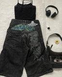 GO-STONE Summer Black Skull Pattern Print Retro Men's Denim Shorts Y2K Street Jeans Sports Pants Commuting Casual Men's Wear