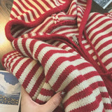 GO-STONE Contrast Color Stripe Hood Knit Cardigan Women Autumn and Winter New Loose Design Sense Long Sleeve Cardigan Sweater Outerwear