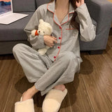 GO-STONE 2PCS/Set Women's Long Sleeve Loose Breathable Student Sleepwear Loungewear Cardigan Gray Striped Girl Fashion Pajamas Homewear