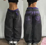 GO-STONE American Fashion New Oversized Print Blue Washed Baggy Jeans Men Y2K Rock Hip Hop Popular Casual Straight Wide-leg Trousers