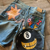 GO-STONE Baggy Custom Paint Jorts Washe Number 8 Ball Denim Shorts Men Goth Y2k Harajuku Casual Sweatpants Wide Leg Short Streetwear