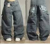GO-STONE American Fashion New Oversized Print Blue Washed Baggy Jeans Men Y2K Rock Hip Hop Popular Casual Straight Wide-leg Trousers
