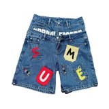 GO-STONE American style hip-hop letter splicing denim shorts millennium retro personality fashion fake two-piece gothic rock