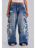 GO-STONE Deeptown Vintage Y2k Ripped Jeans Women Harajuku Print Blue Baggy Distressed Denim Trousers Hip Hop Grunge Streetwear Wide Jeans