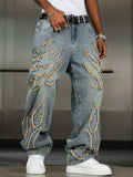 GO-STONE Men's Street Style Casual Patchwork Embroidered Frayed Hem Macau Blue Denim Jeans Trendy Loose Fit Straight Leg Pants