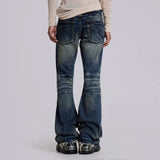 GO-STONE Y2K Vintage Flared Jeans Mid Blue Washed Men Women Bootcut Jeans American Hip Hop Distressed Streetwear Unisex Wide Leg Pants