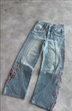 GO-STONE Vintage Cherry Blossom Black Knight Embroidery Jeans Y2k Retro Baggy Straight Denim Pants Blue Wash Jean Men Clothing Streetwear