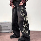 GO-STONE Autumn Men's Letter Printed Straight-Leg Baggy Jeans Hip Hop Fashion Washed Denim Pantalones American Retro Y2K Streetwear Jean