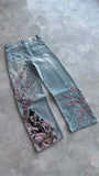 GO-STONE Vintage Cherry Blossom Black Knight Embroidery Jeans Y2k Retro Baggy Straight Denim Pants Blue Wash Jean Men Clothing Streetwear
