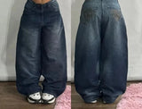 GO-STONE Y2K Fashion Letters Embroidered Big Pockets Washed Baggy Jeans Women High Street Vintage Hip Hop Popular Wild Wide-leg Pants