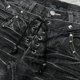 GO-STONE Mens Jeans Harajuku Vintage Streetwear Washed Distressed Ripped Denim Pants Double Waist Micro Flared Loose Fit Long Casual New