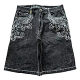 GO-STONE American Vintage Popular New Pattern Embroidery Baggy Denim Shorts Men Street Fashion Gothic Casual Joker Shorts Women Clothing