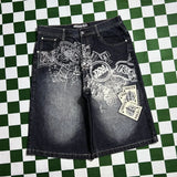 GO-STONE Streetwear Denim Shorts Mens Embroidery American Hip Hop Printed Loose Shorts Gothic Retro Harajuku Fashion Y2K New Shorts