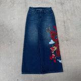 GO-STONE Dragon Graffiti Embroidery Dark Blue Loose Wide Leg Distressed Jeans Y2K High Waist Men Women Vintage Casual Daily Streetwear
