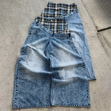 GO-STONE Y2k Slanted Runway Baggy Jeans Retro Plaid Patchwork Men Women Wide Leg Pants American Hip Hop Streetwear Unisex Casual Jeans