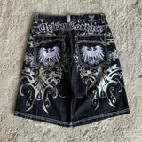 GO-STONE Denim shorts hip hop heraldic embroidered boy and girlfriend punk casual basketball shorts Y2K Harajuku retro street wear