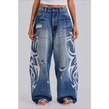 GO-STONE Deeptown Vintage Y2k Ripped Jeans Women Harajuku Print Blue Baggy Distressed Denim Trousers Hip Hop Grunge Streetwear Wide Jeans