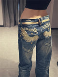 GO-STONE American Personalized Gold Wing Embroidered Jeans Children's 2026 Spring Hot Girl Design Sense Low Waist Micro Flared Pants