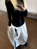 GO-STONE American Retro Flame Letter Print Detachable Strap Scimitar Pants Jazz Casual Hip-Hop Loose Wide-Leg Fashion Jogging Sweatpants