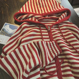 GO-STONE Contrast Color Stripe Hood Knit Cardigan Women Autumn and Winter New Loose Design Sense Long Sleeve Cardigan Sweater Outerwear