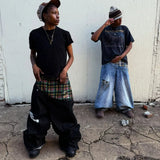 GO-STONE Y2k Slanted Runway Baggy Jeans Retro Plaid Patchwork Men Women Wide Leg Pants American Hip Hop Streetwear Unisex Casual Jeans