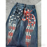 GO-STONE 2026 new printed retro wide-leg casual slim trousers Hip-hop personality jeans Y2K women's dark fun graffiti floor-length pants