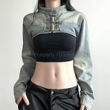 GO-STONE Women Fashion Denim Jacket Y2K Aesthetic Vintage Sexy Crop Tops Coat Japanese Harajuku Streetwear Female Spring Summer Outerwear