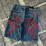 GO-STONE American New Y2K Retro Embroidered Denim Shorts For Men And Women Harajuku Gothic High Waist Shorts Basketball Pants Street Wear
