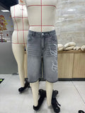 GO-STONE Fashion Men Summer Casual Denim Shorts Knee Length Trendy Letter Embroidered Shiny Rhinestone Decor Jeans Shorts with Pockets