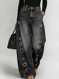 GO-STONE Women's High Waist Straight Leg Jeans Metal Ring Hollow Denim Pants Baggy Autumn Casual Long Jeans with Pockets Street Style