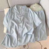 GO-STONE Youth Men's Slim Fit New Pajama Set Solid Color Short Sleeve Lapel Top and Elastic Shorts Pajamas Summer Loungewear Sleepwear