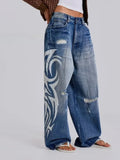 GO-STONE Deeptown Vintage Y2k Ripped Jeans Women Harajuku Print Blue Baggy Distressed Denim Trousers Hip Hop Grunge Streetwear Wide Jeans