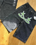 GO-STONE Hip Hop Japan Kimono Embroidered Shorts Men Casual Baggy Jeans Short Y2k Retro Blue Wide Leg Denim Jorts Skateboard Streetwear