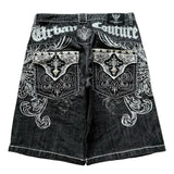 GO-STONE Streetwear Denim Shorts Mens Embroidery American Hip Hop Printed Loose Shorts Gothic Retro Harajuku Fashion Y2K New Shorts