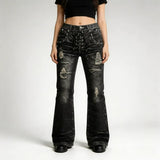 GO-STONE Y2K Washed Jeans Gothic Retro Micro Flared Double Waisted Lace Up Pants Men Women Streetwear High Quality Design Sense Trousers