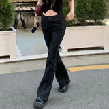 GO-STONE 2000s Clothes Y2k Low Rise Boot Cut Jeans Woman Casual Black Striped Denim Trousers Streetwear Flare Pants P77-DD25