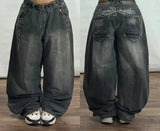 GO-STONE Y2K Fashion Letters Embroidered Big Pockets Washed Baggy Jeans Women High Street Vintage Hip Hop Popular Wild Wide-leg Pants