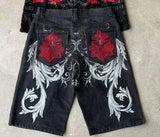 GO-STONE Streetwear Denim Shorts Mens Embroidery American Hip Hop Printed Loose Shorts Gothic Retro Harajuku Fashion Y2K New Shorts