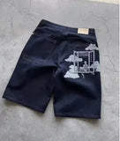 GO-STONE Denim shorts hip hop heraldic embroidered boy and girlfriend punk casual basketball shorts Y2K Harajuku retro street wear