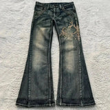 GO-STONE Mens Jeans Harajuku Vintage Streetwear Washed Distressed Ripped Denim Pants Double Waist Micro Flared Loose Fit Long Casual New