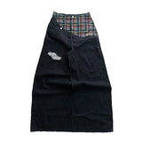 GO-STONE Y2k Slanted Runway Baggy Jeans Retro Plaid Patchwork Men Women Wide Leg Pants American Hip Hop Streetwear Unisex Casual Jeans