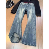 GO-STONE Vintage Men's Jeans Man Pants High Street Washed Denim Blue Jeans Straight Leg Slight Flare Casual Trousers