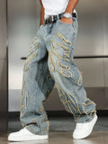 GO-STONE Men's Street Style Casual Patchwork Embroidered Frayed Hem Macau Blue Denim Jeans Trendy Loose Fit Straight Leg Pants