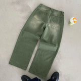 GO-STONE Y2K Retro Matcha Denim Jeans Washed Billiard Embroidered Denim Pants London Fashion New York Style Streetwear Unisex Baggy Jeans