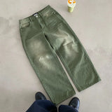 GO-STONE Y2K Retro Matcha Denim Jeans Washed Billiard Embroidered Denim Pants London Fashion New York Style Streetwear Unisex Baggy Jeans