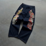 GO-STONE Y2K Harajuku Jeans new Dragon Embroidery high quality jeans 2000s Gothic Vintage Hip Hop streetwear denim fabric wide leg pants